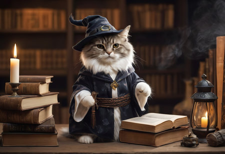 Funny calico cat lying among the books. Young cat playing with booksの素材