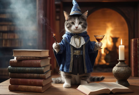 Funny calico cat lying among the books. Young cat playing with booksの素材