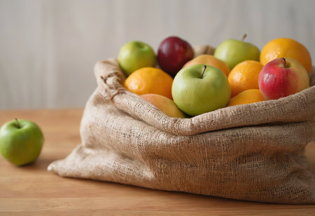 Basket and fresh fruits on wooden tableの素材