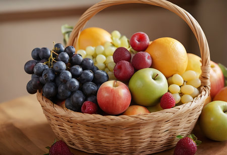 Basket and fresh fruits on wooden tableの素材