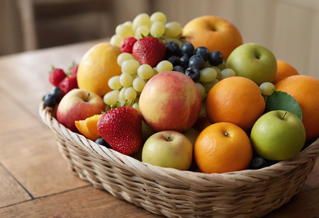 Basket and fresh fruits on wooden tableの素材