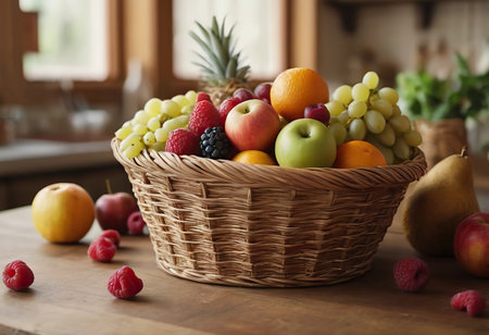 Basket and fresh fruits on wooden tableの素材