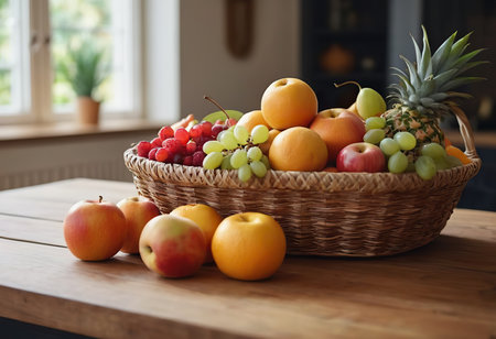 Basket and fresh fruits on wooden tableの素材