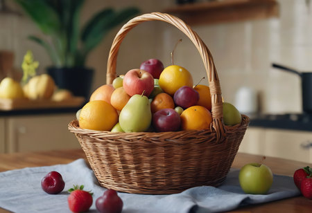 Basket and fresh fruits on wooden tableの素材