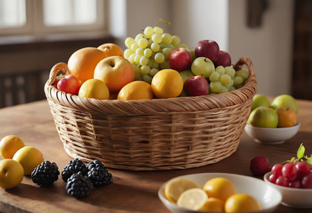 Basket and fresh fruits on wooden tableの素材