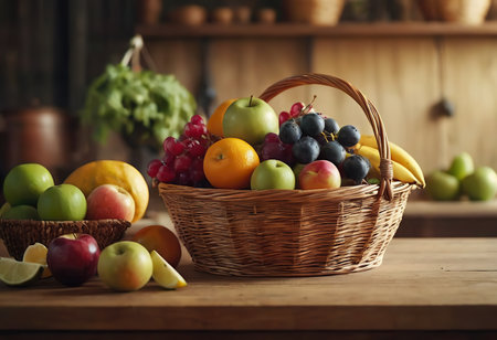 Basket and fresh fruits on wooden tableの素材
