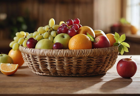 Basket and fresh fruits on wooden tableの素材