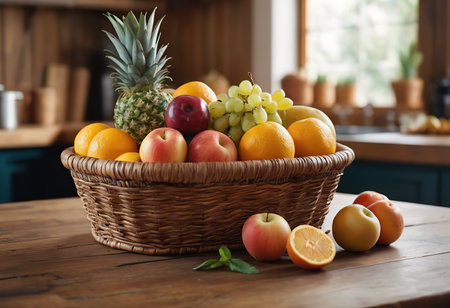 Basket and fresh fruits on wooden tableの素材