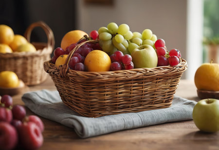 Basket and fresh fruits on wooden tableの素材