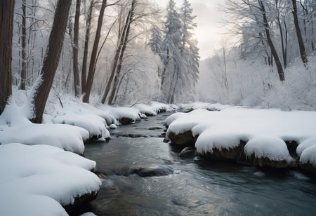 river ravine. mountain river stream in winter. The pine trees are covered with snow. beautiful landscape with snowの素材
