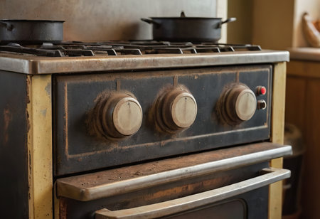 The gas burner on the dirty stove is on. Fire from a gas burner. blue flame from the stove gas comcorder. Dirty stove.の素材