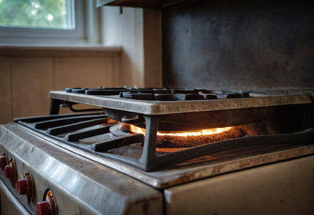 The gas burner on the dirty stove is on. Fire from a gas burner. blue flame from the stove gas comcorder. Dirty stove.の素材