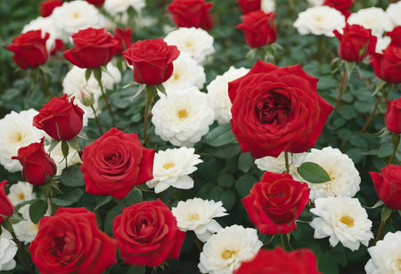Rose Nostalgie Red white roses in the park gardenの素材