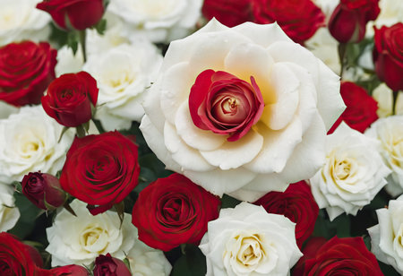Rose Nostalgie Red white roses in the park gardenの素材