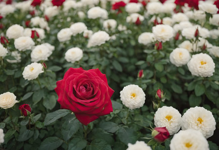 Rose Nostalgie Red white roses in the park gardenの素材