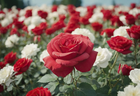 Rose Nostalgie Red white roses in the park gardenの素材