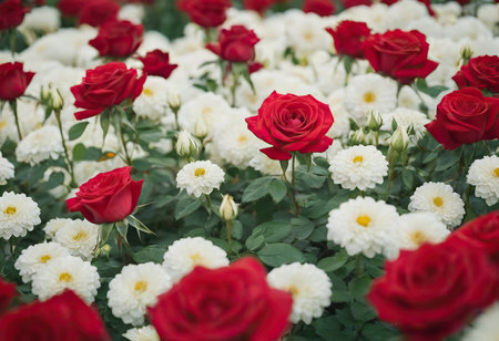 Rose Nostalgie Red white roses in the park gardenの素材