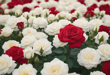 Rose Nostalgie Red white roses in the park gardenの素材