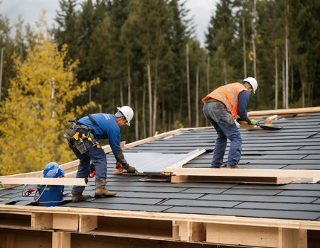 Craftsman is installing a slate roof. Professional roof workers installing roof for an old house.Working on rooftop.の素材