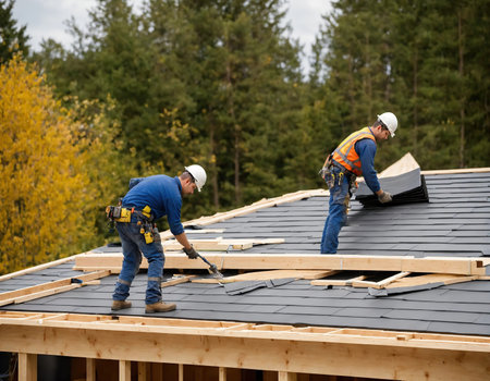 Craftsman is installing a slate roof. Professional roof workers installing roof for an old house.Working on rooftop.の素材