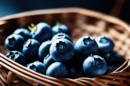 A bowl with fresh bilberry (Vaccinium myrtillus) on an old wooden bench. Fresh garden bilberries.の素材