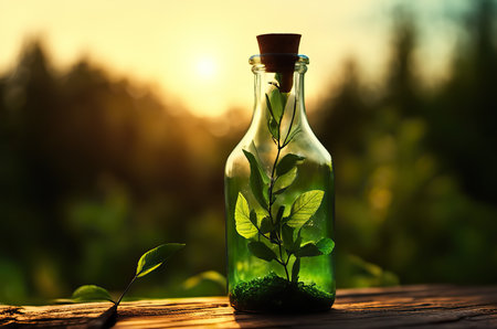 Small decoration plants in a glass bottle, garden terrarium bottle, forest in a jar. Terrarium jar with piece of forest with self ecosystem. Beautiful environmental setting.の素材