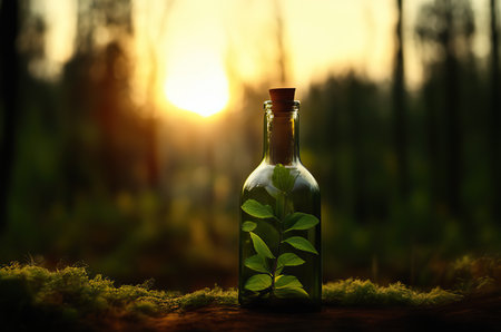 Small decoration plants in a glass bottle, garden terrarium bottle, forest in a jar. Terrarium jar with piece of forest with self ecosystem. Beautiful environmental setting.の素材