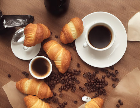 Glazed cinnamon roll and cup of coffee on a plate by a windowの素材
