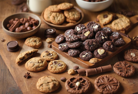 homemade oat cookies chips and ingredients banana walnuts almonds raisin dried apricots soft focus close upの素材