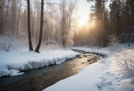 river ravine. mountain river stream in winter. The pine trees are covered with snow. beautiful landscape with snowの素材