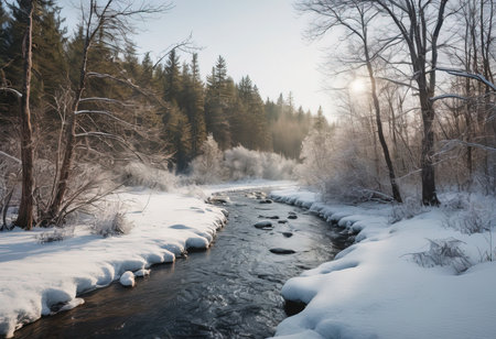 river ravine. mountain river stream in winter. The pine trees are covered with snow. beautiful landscape with snowの素材