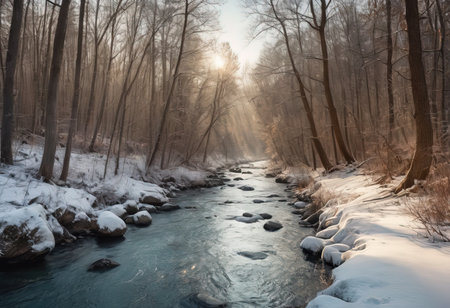 river ravine. mountain river stream in winter. The pine trees are covered with snow. beautiful landscape with snowの素材