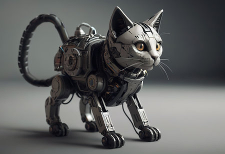angry robot with cute flurry kitty cat on metall handsの素材