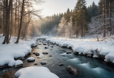 river ravine. mountain river stream in winter. The pine trees are covered with snow. beautiful landscape with snowの素材