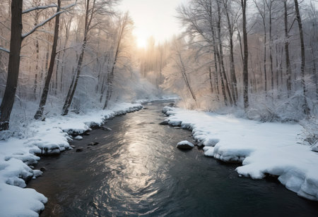 river ravine. mountain river stream in winter. The pine trees are covered with snow. beautiful landscape with snowの素材