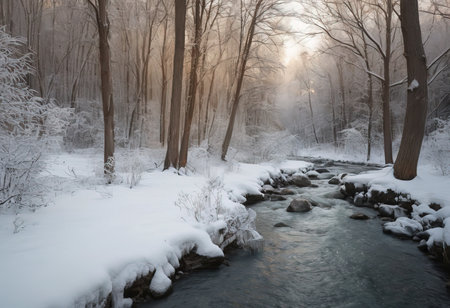 river ravine. mountain river stream in winter. The pine trees are covered with snow. beautiful landscape with snowの素材
