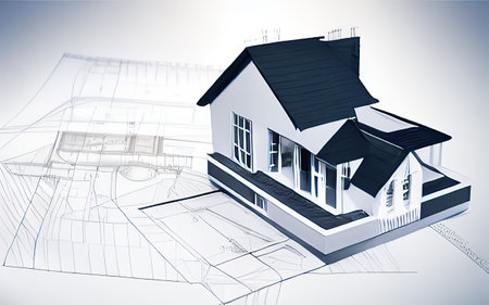 House model, blueprint, pencil, ruler on white background for architectural design and constructionの素材