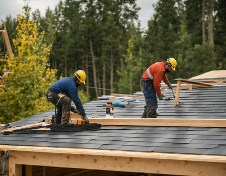 Craftsman is installing a slate roof. Professional roof workers installing roof for an old house.Working on rooftop.の素材