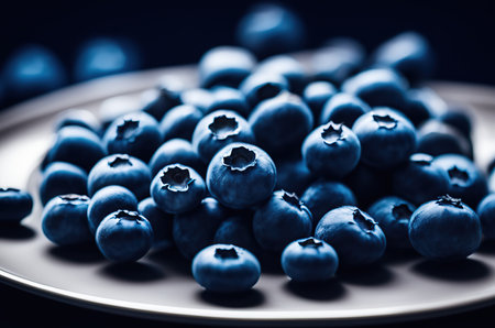A bowl with fresh bilberry (Vaccinium myrtillus) on an old wooden bench. Fresh garden bilberries.の素材
