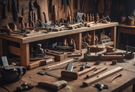 Diverse carpenter tools hung on wooden wallの素材