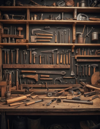Diverse carpenter tools hung on wooden wallの素材