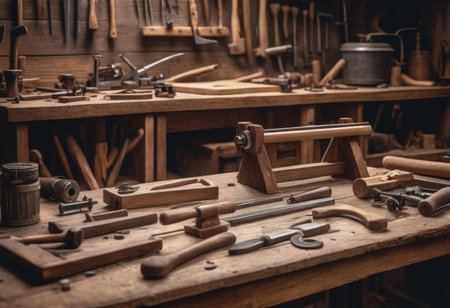 Diverse carpenter tools hung on wooden wallの素材