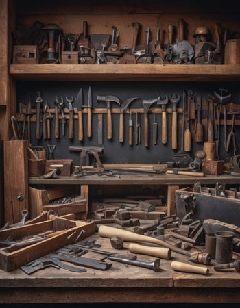 Diverse carpenter tools hung on wooden wallの素材