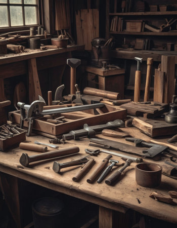 Diverse carpenter tools hung on wooden wallの素材