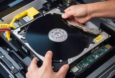 Gloved master holds computer hard drive. Computer equipment repair and maintenance conceptの素材