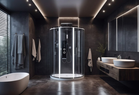 Contemporary bathroom with nighttime lighting featuring shower bathtub mirror and washstandの素材