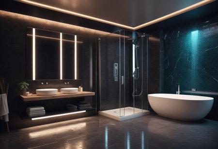 Contemporary bathroom with nighttime lighting featuring shower bathtub mirror and washstandの素材