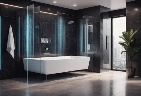 Contemporary bathroom with nighttime lighting featuring shower bathtub mirror and washstandの素材