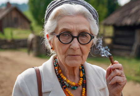 smiling senior elegant stylish fashionable woman with gray hair in fur coat outdoor smoking cigarette. Unhealthy lifestyle, age, positive vibes, oldness, addiction, bad habit concept.の素材