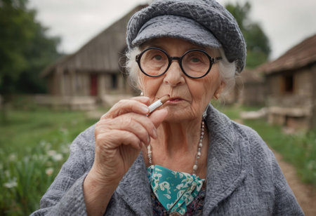 smiling senior elegant stylish fashionable woman with gray hair in fur coat outdoor smoking cigarette. Unhealthy lifestyle, age, positive vibes, oldness, addiction, bad habit concept.の素材